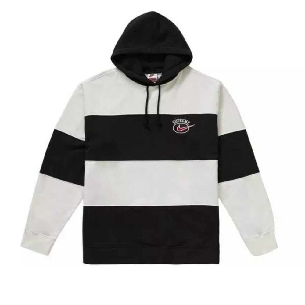 SUPREME x NIKE BLACK AND WHITE STRIPPED HOODIE.